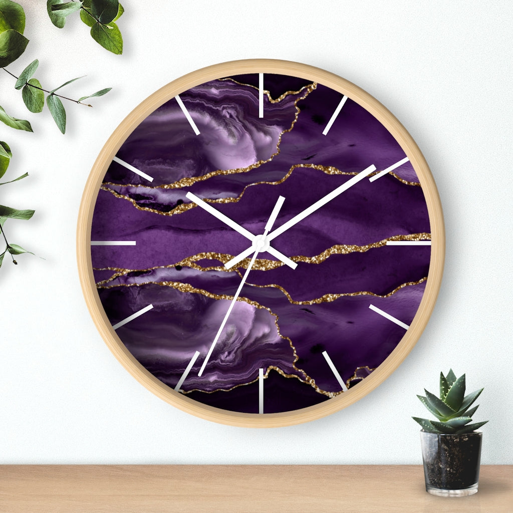Marble Print, Wood, Wall Clock, Purple Gold 10"
