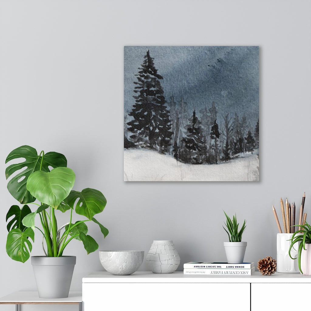 FLORAL WALL CANVAS ART | Navy Blue Winter Night Forest