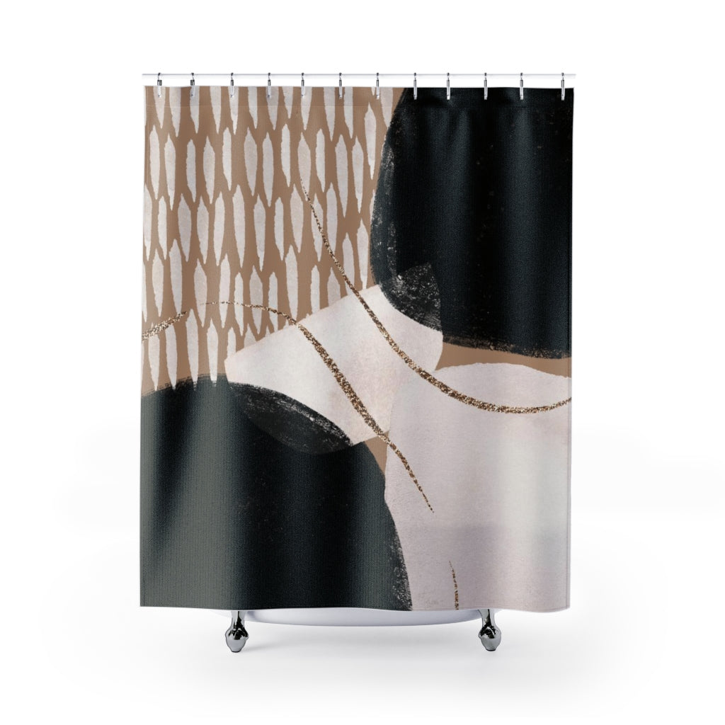 a shower curtain with a black and white pattern