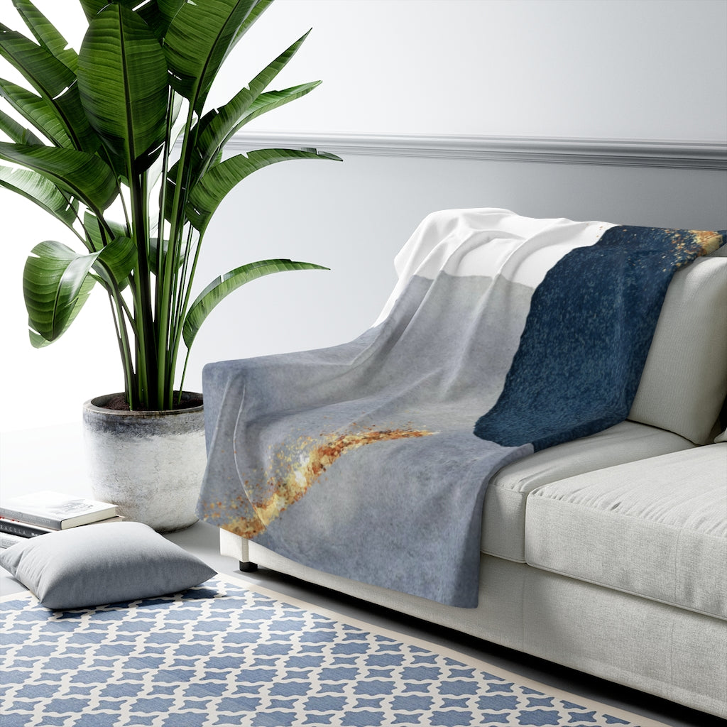 Dusty Navy Blue, Gold Color Blocks, Geometric Throw Blanket,