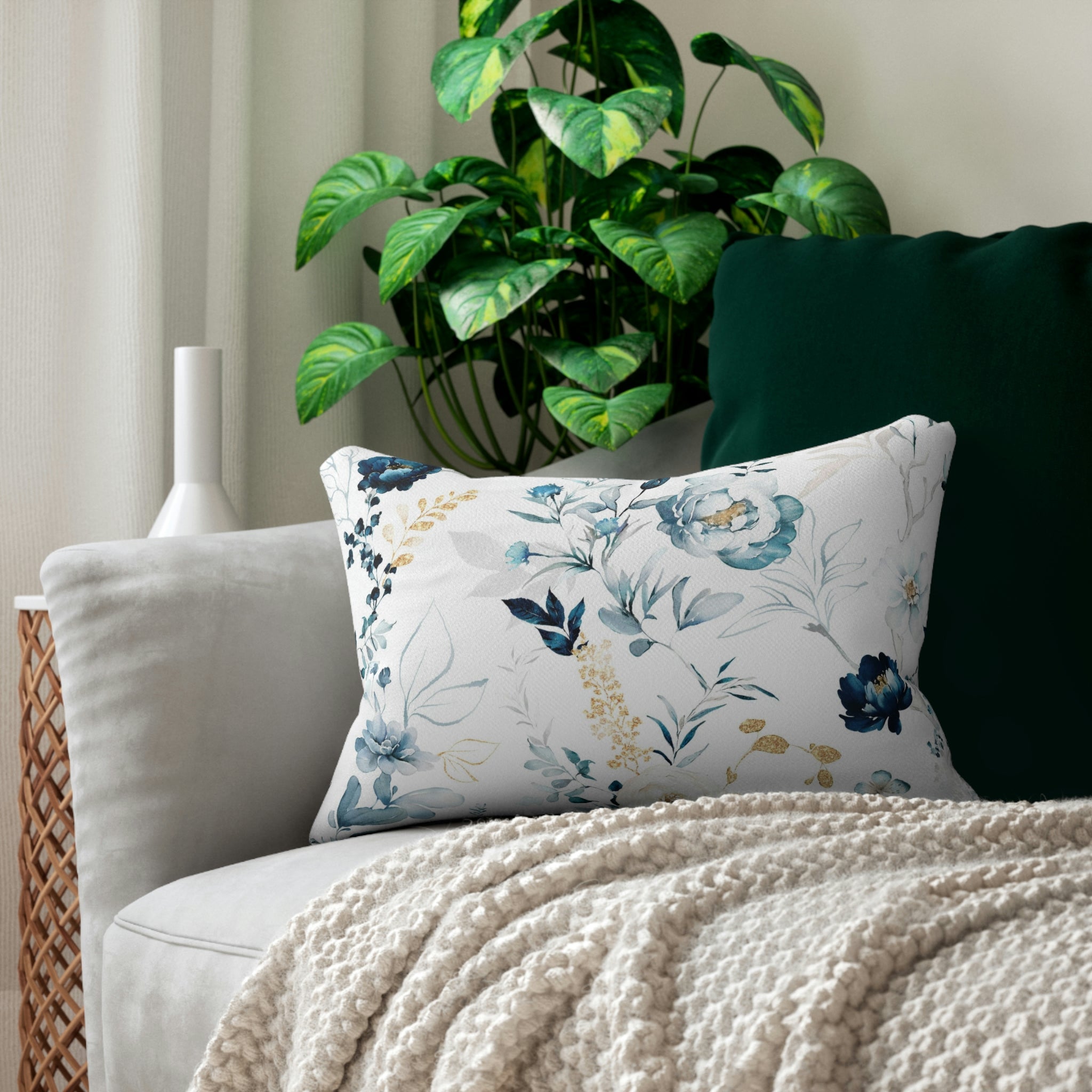 Floral Lumbar Pillow | White Blue Peonies Botanical