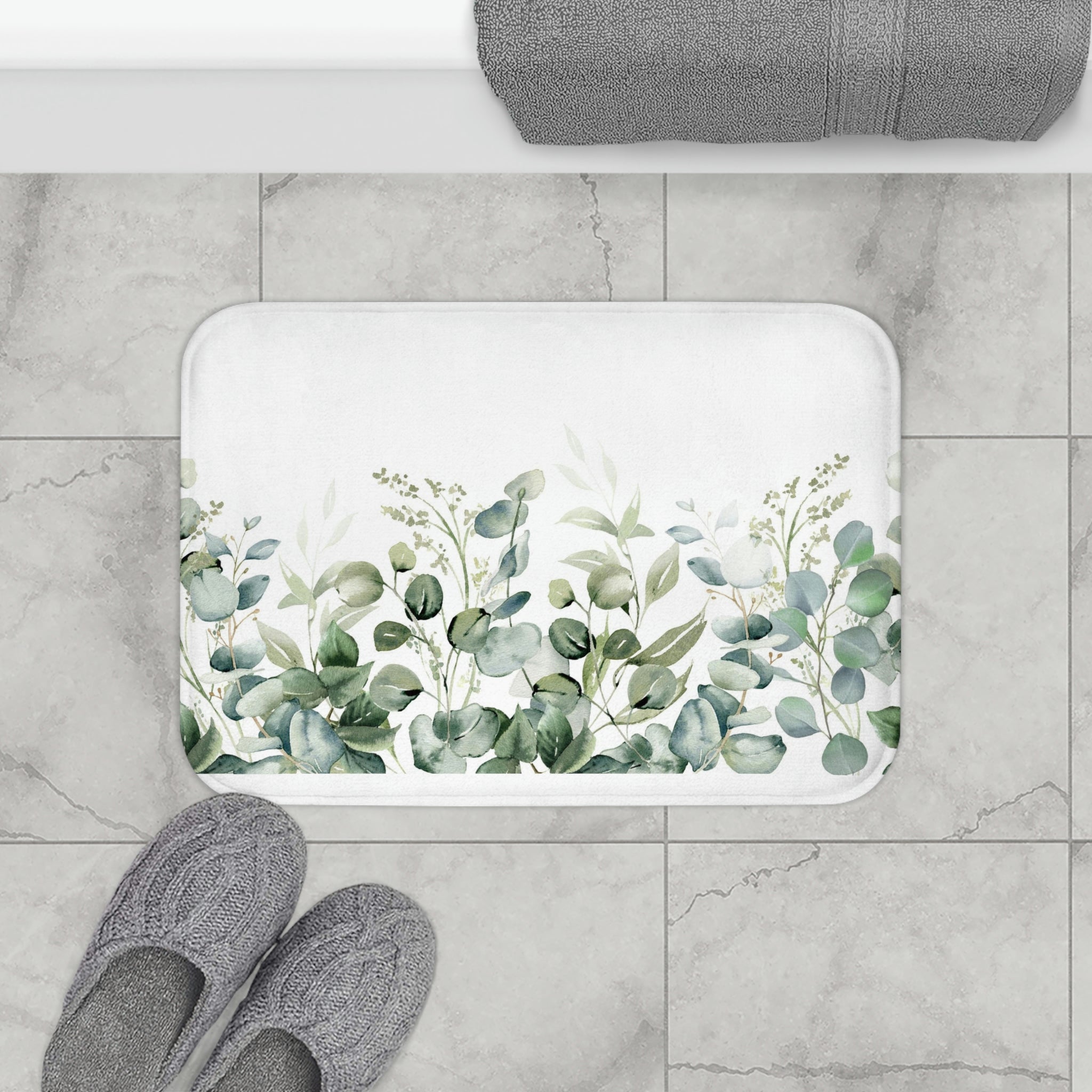 Eucalyptus Floral Bath, Kitchen Mat | Teal Blue Green White
