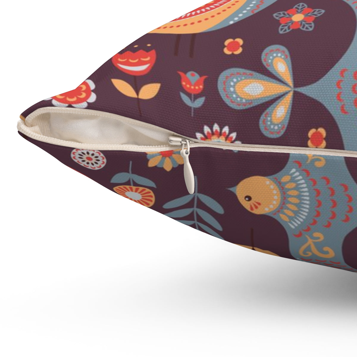 Scandi Nordic Boho Square Pillow Cover | Burgundy Folk Birds