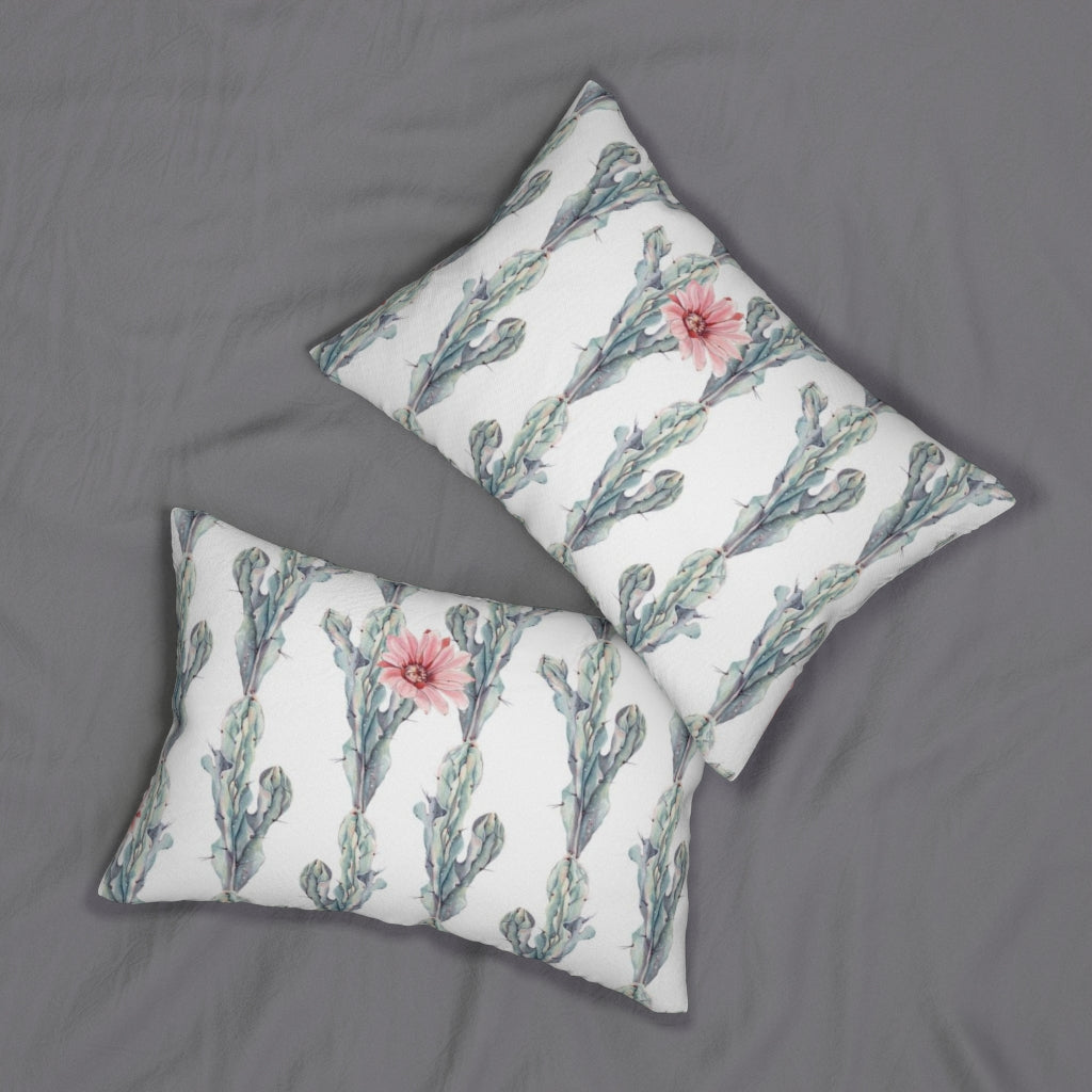 Floral Boho Lumbar Pillow | White Green Pink Cactus