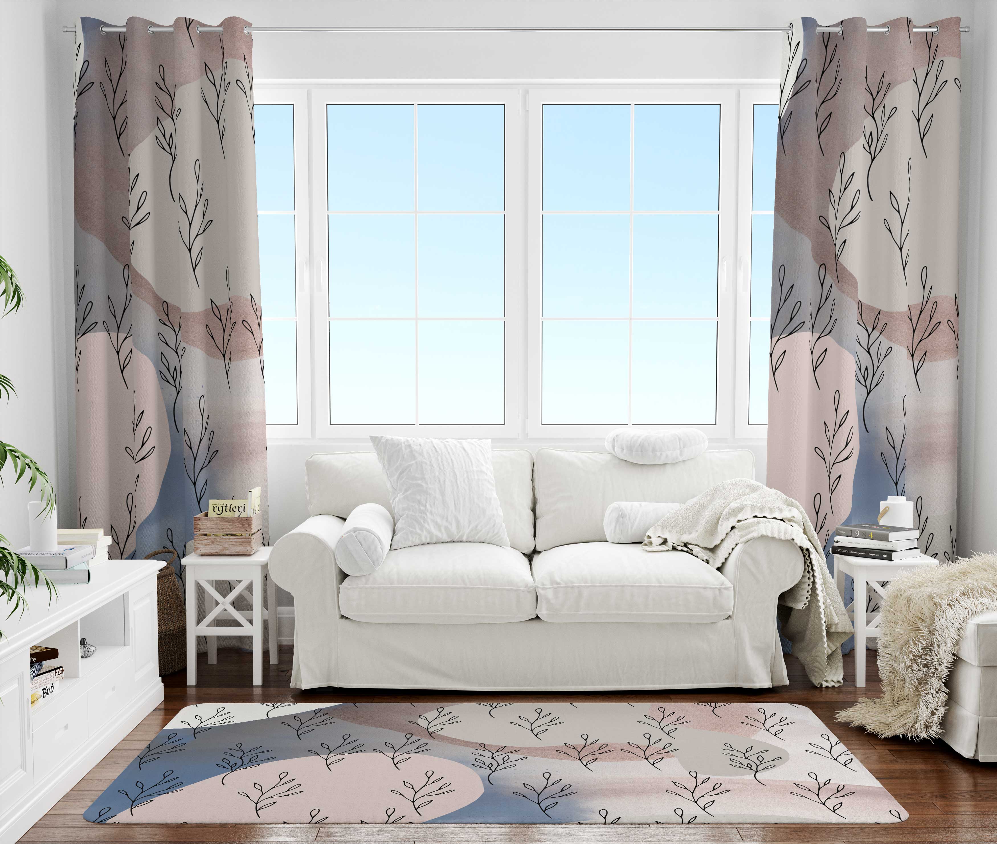 Floral Area Rug | Blue Beige Mauve Leaves