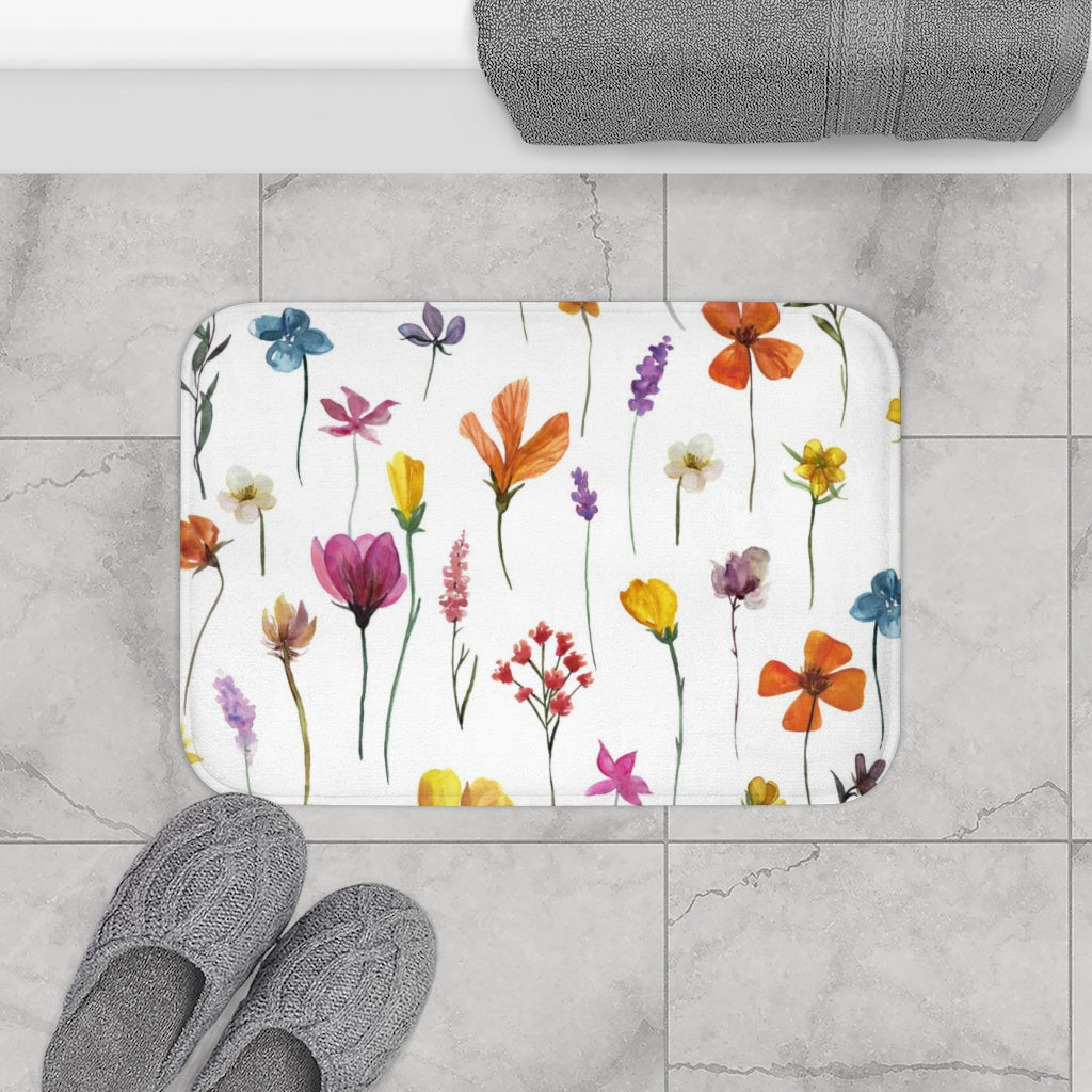 Cute Boho Bath Mat | White Pink Yellow Blue Lavender Green Floral