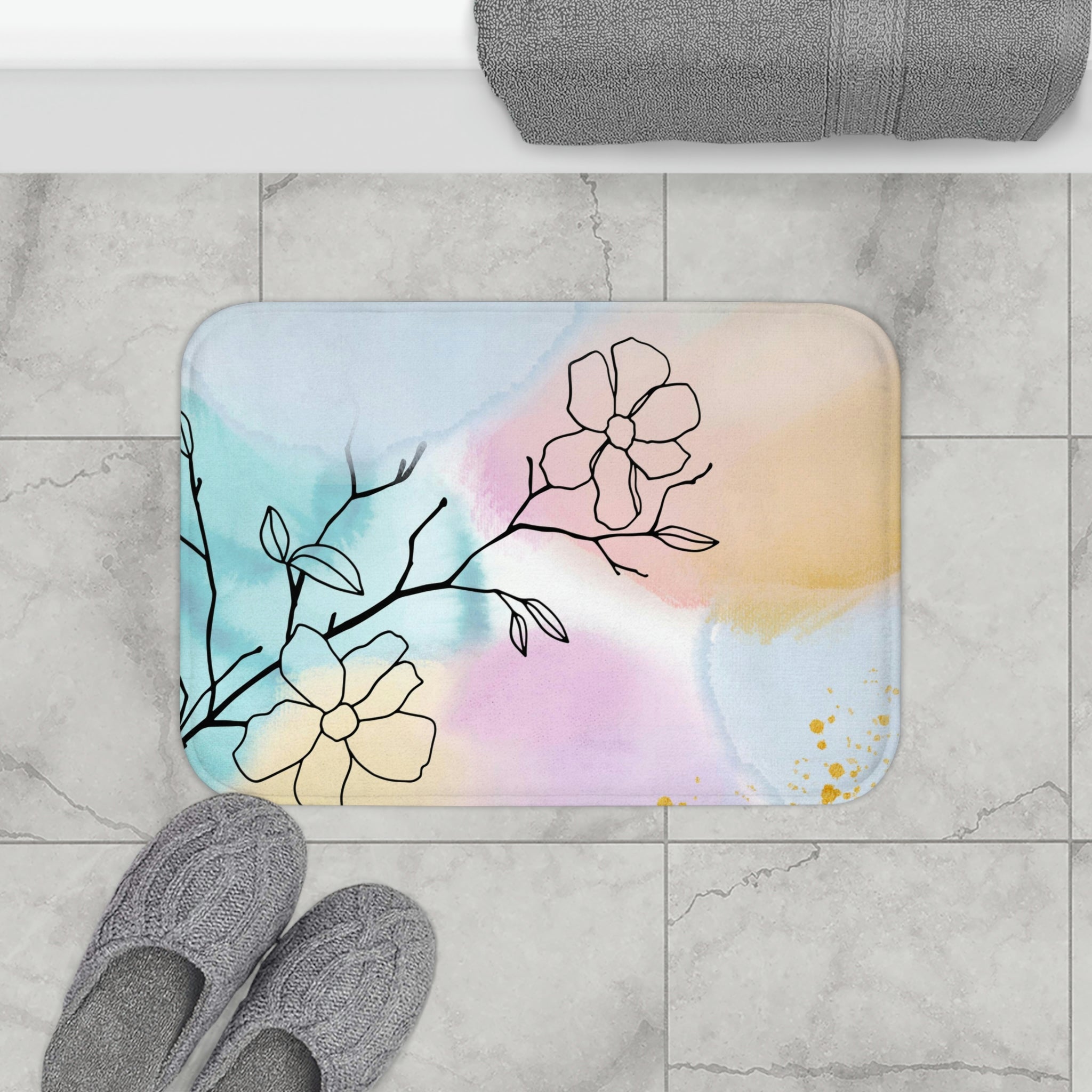 Boho Abstract Bath, Kitchen Mat | Pastel Pink Blue Hygge Floral