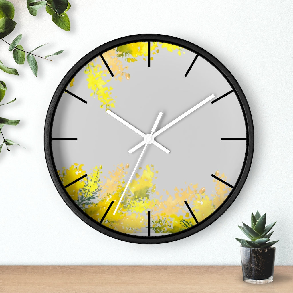 Floral 10" Wood Wall Clock | Gray Yellow Mimosa