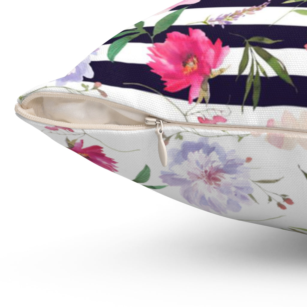 Floral Boho Pillow Cover | White Peach Violet Pink Peonies Lavender Black Stripes