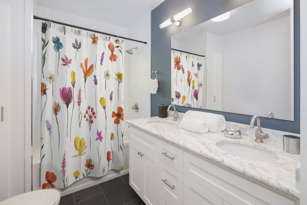 Boho Shower Curtain | Floral White Yellow Pink Orange