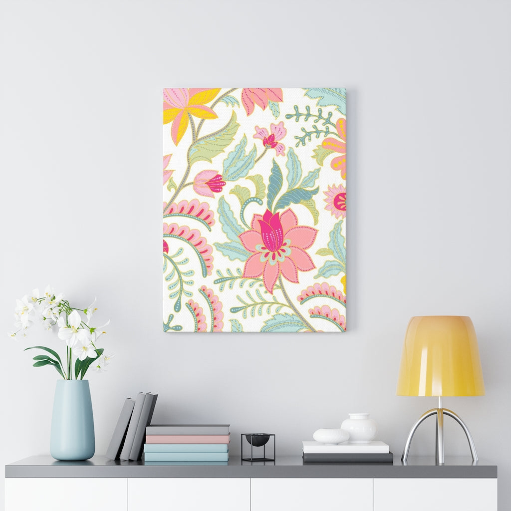 FLORAL WALL CANVAS ART | Teal White Pink Yellow
