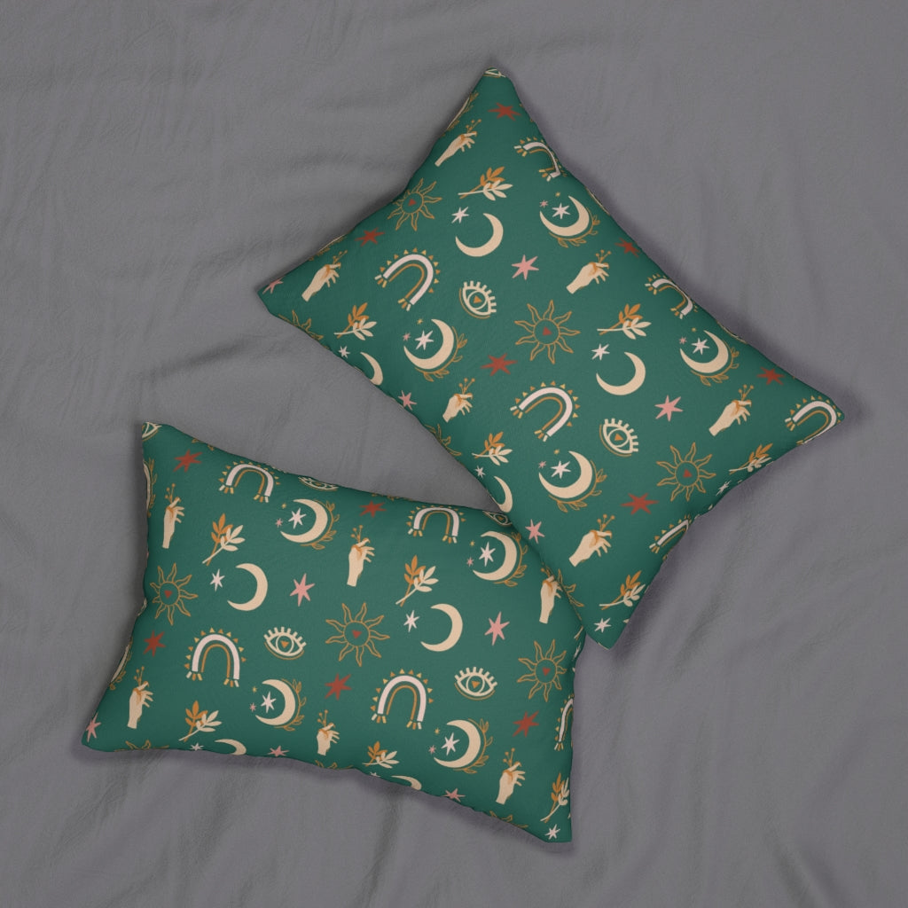 Mystical Boho Lumbar Pillow | Green Gold Moon