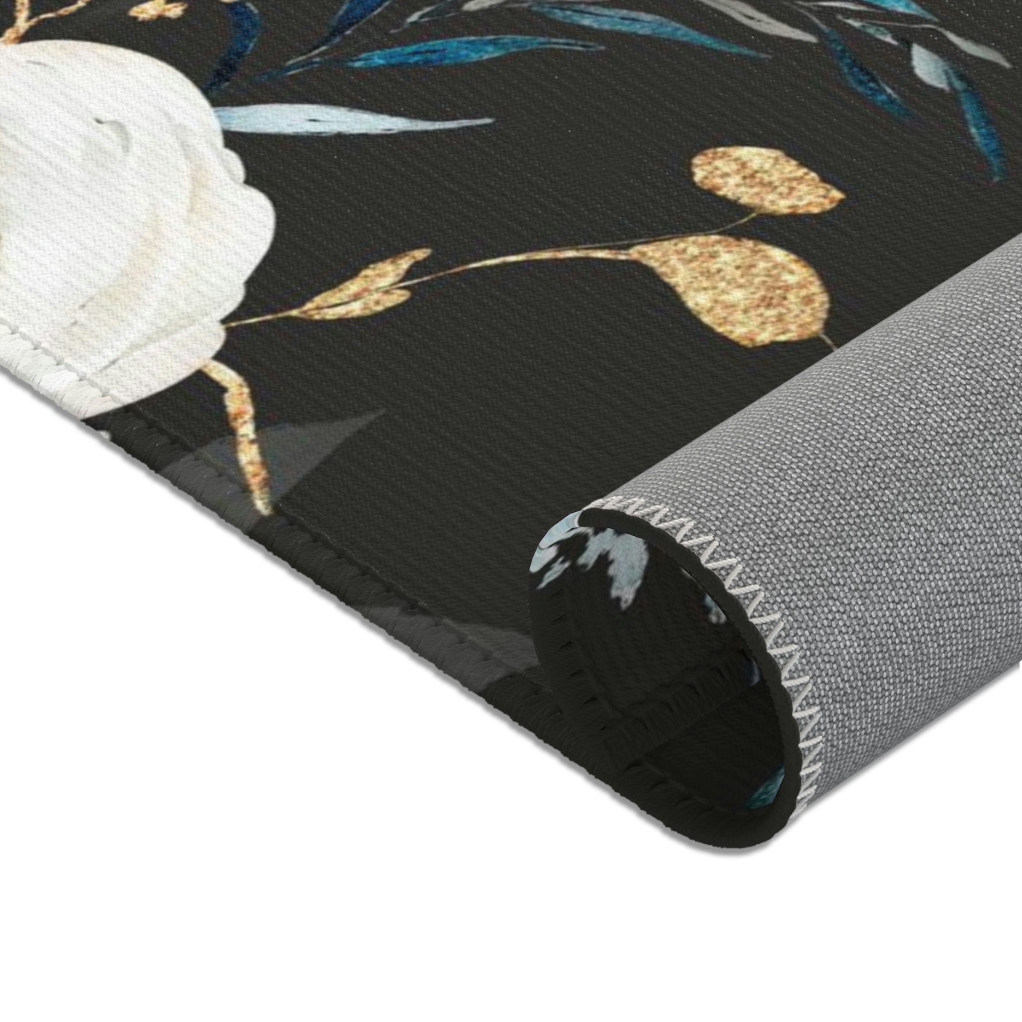 Peonies Floral Area Rug | Black Blue White