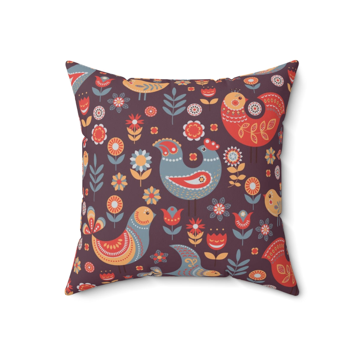 Scandi Nordic Boho Square Pillow Cover | Burgundy Folk Birds