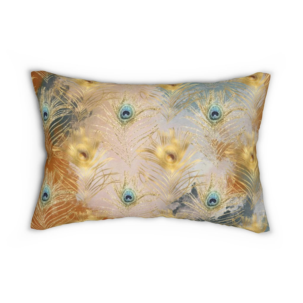 Abstract Boho Lumbar Pillow | Gold Beige Peacock Feather