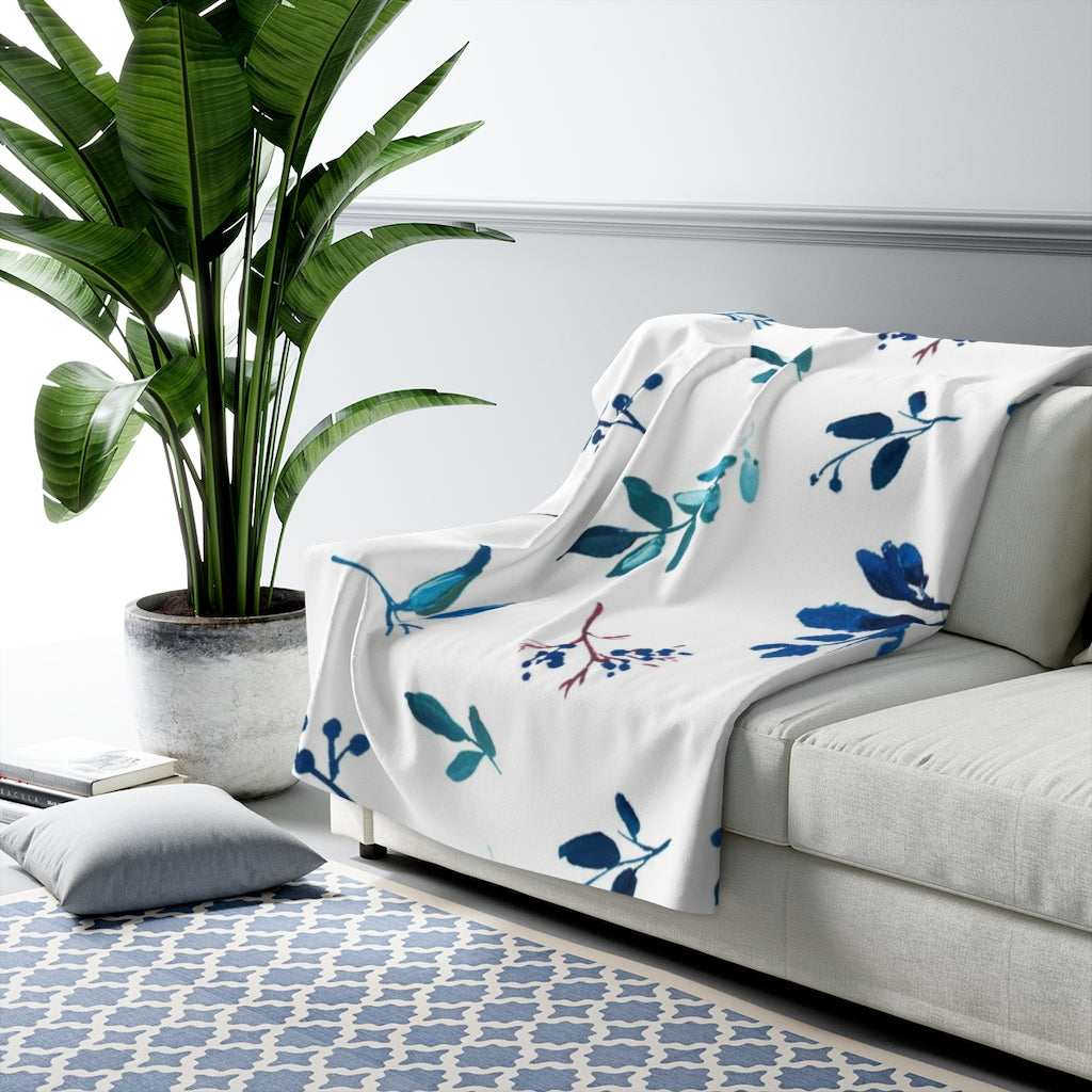 Floral Boho Comfy Blanket | Teal Blue White