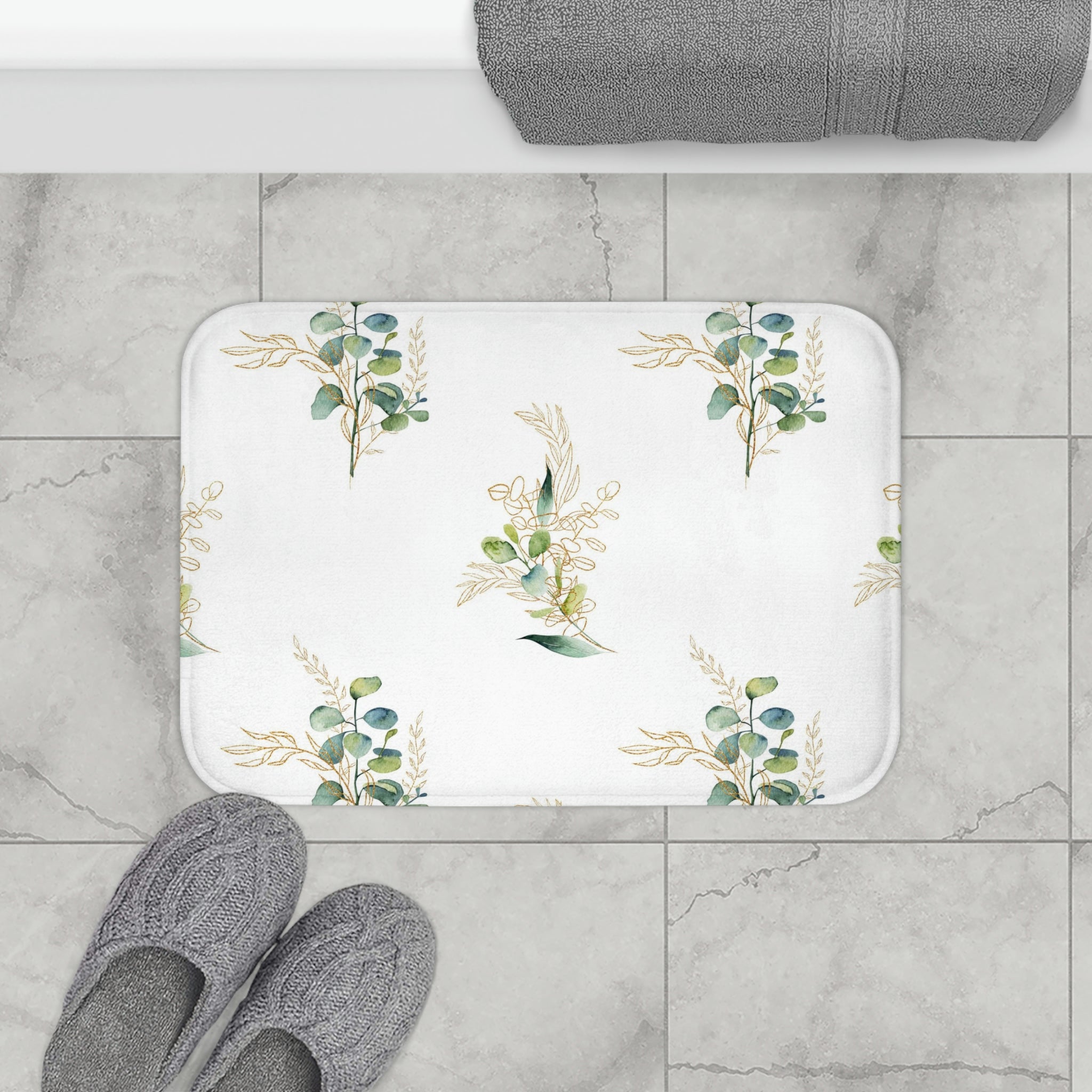 Boho Floral Bath, Kitchen Mat | Sage Green, White Eucalyptus Leaves