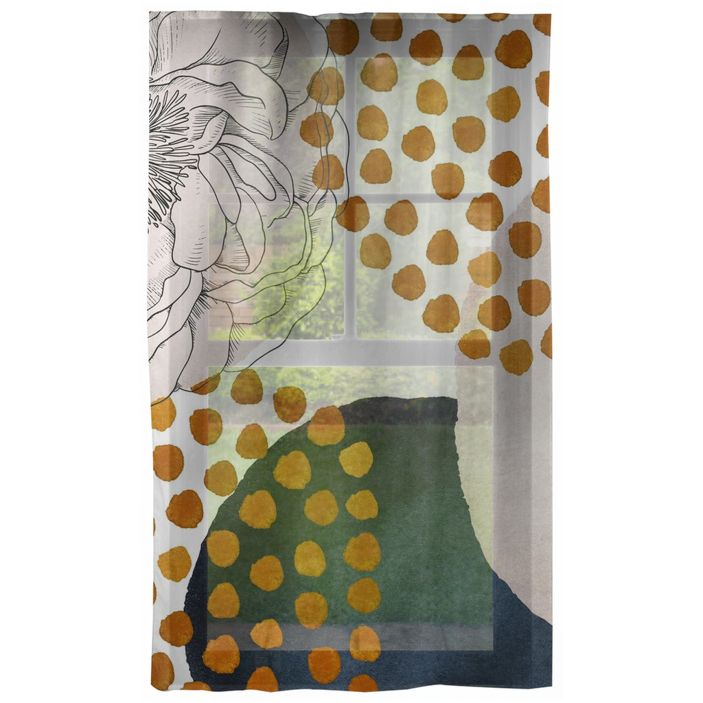 Rust, navy and cream abstract window curtains styled in a modern interior