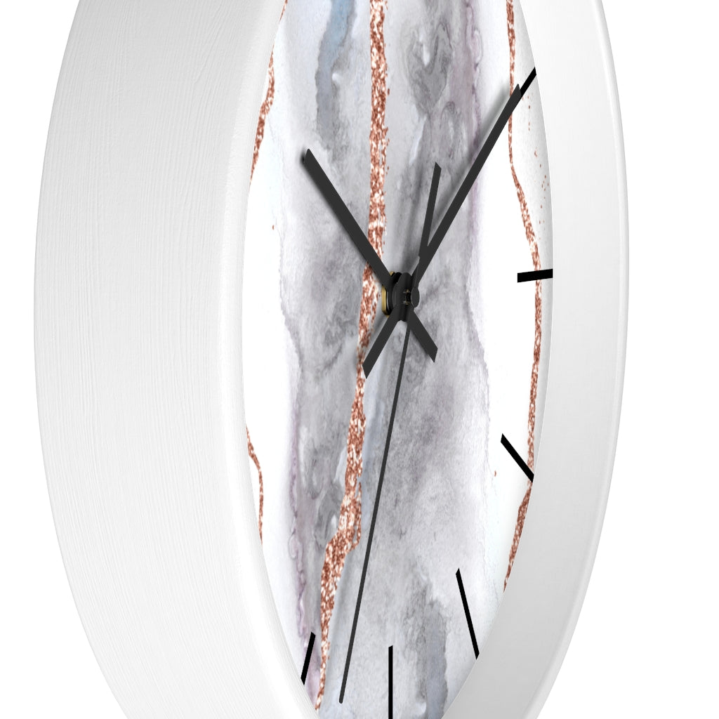Marble Print, Wood, Wall Clock, Gray Gold 10"