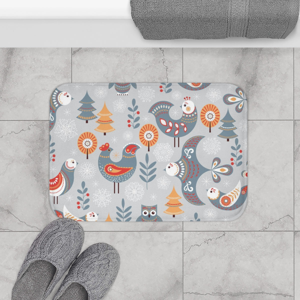 Christmas Bath Mat | Gray Blue White Nordic Folk Birds