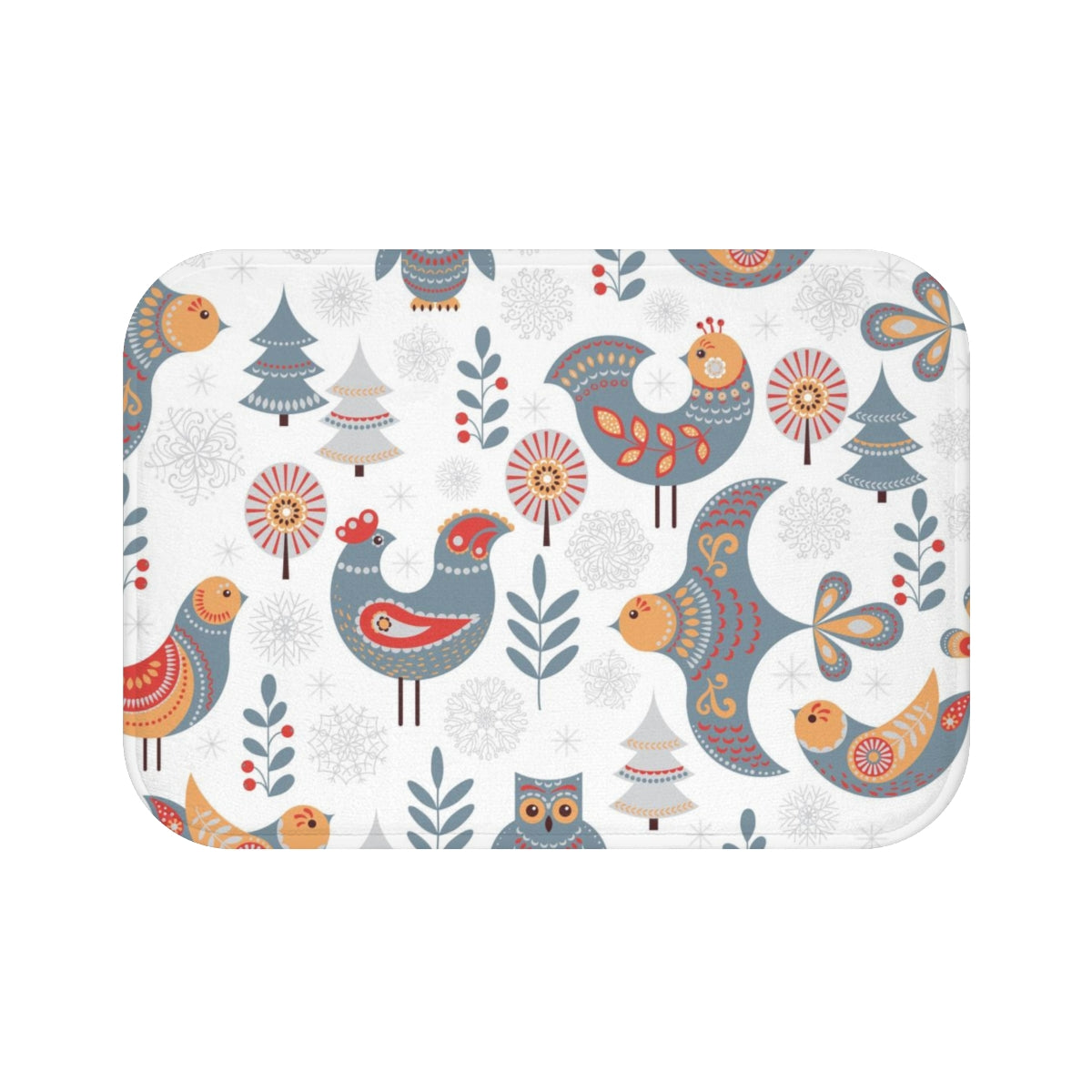 Christmas Bath Mat | White Gray Red Nordic Folk Birds