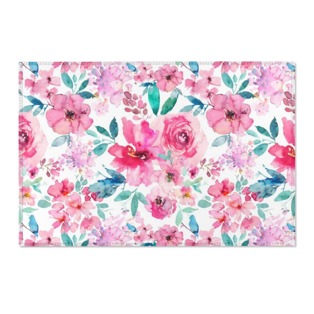 Floral Area Rug | Pink Peonies Teal
