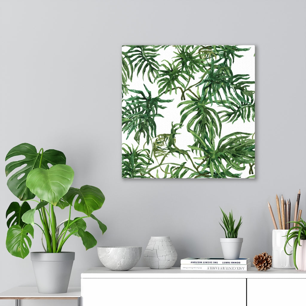 FLORAL CANVAS ART | White Green Jungle Leaves