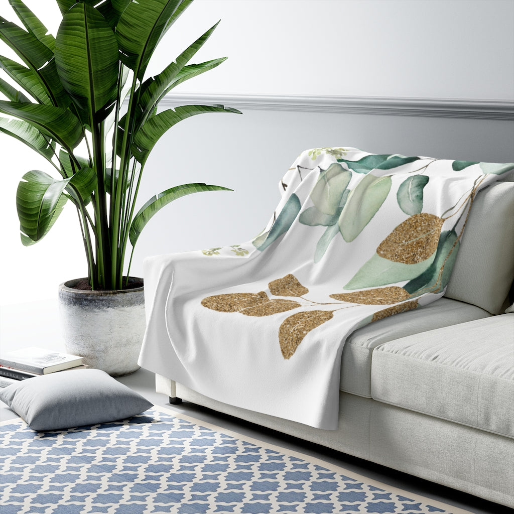 Eucalyptus Leaves, Green Gold White Floral Blanket,