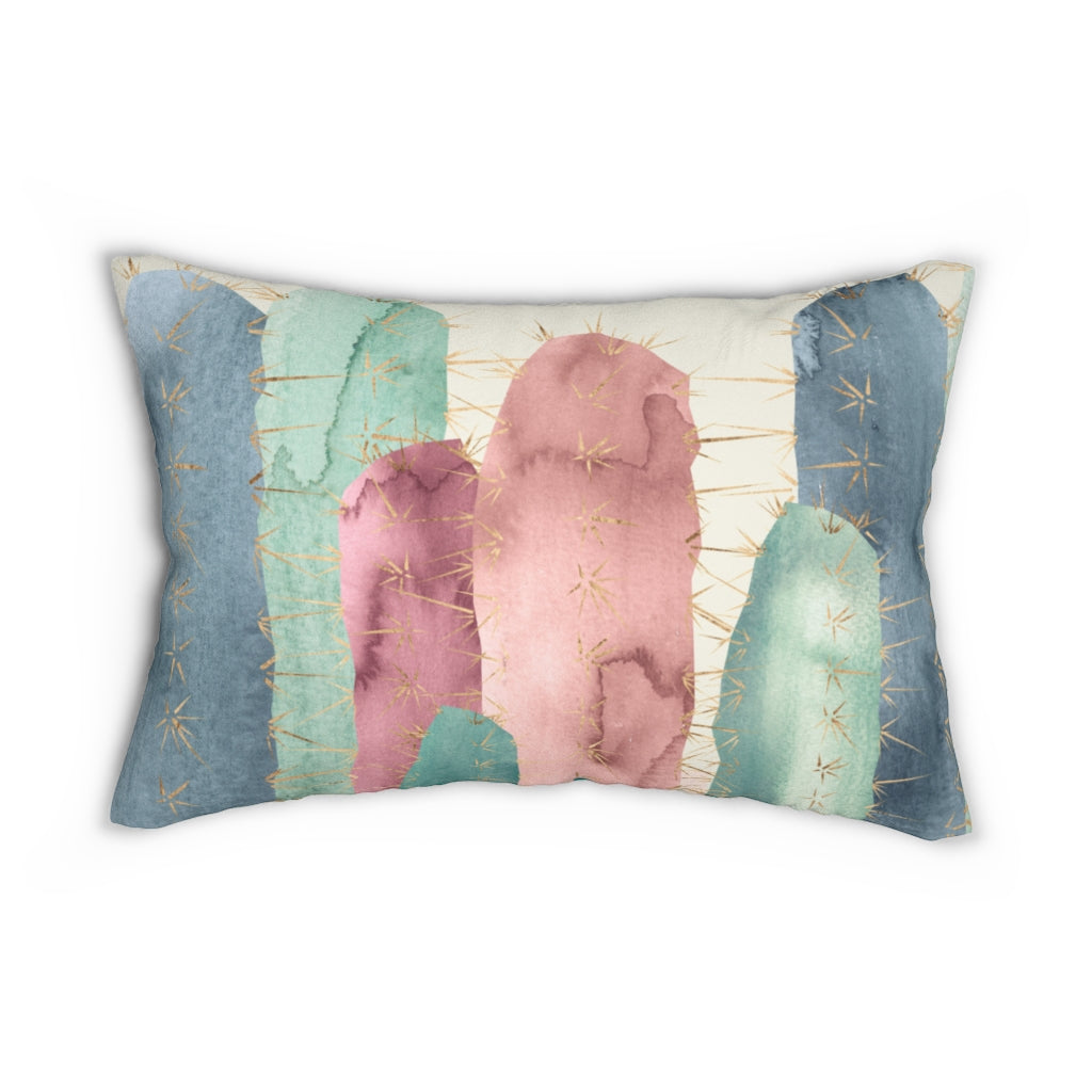 Abstract Boho Lumbar Pillow | Beige Pink Blue Green Cactus