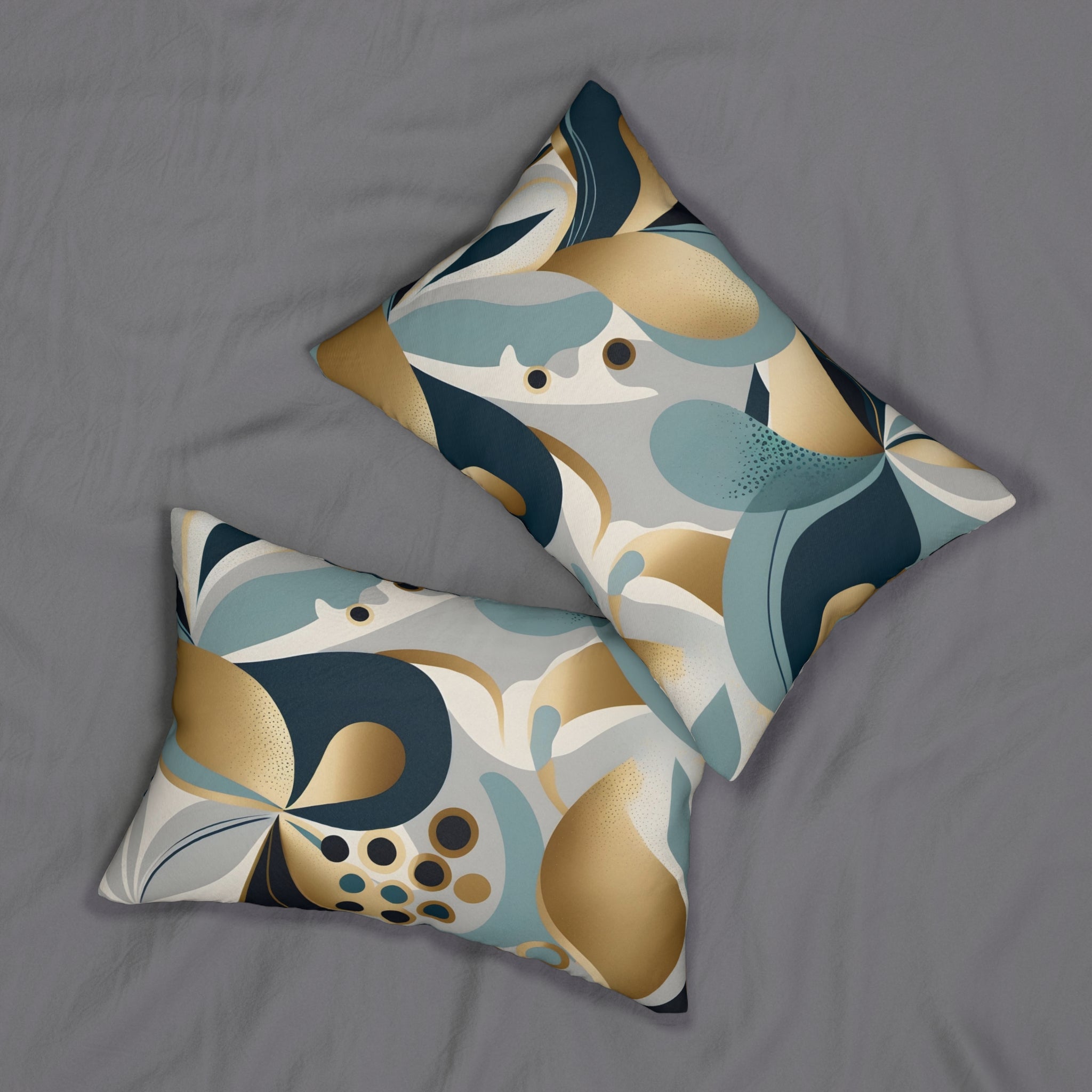 Navy, teal blue, gold and beige abstract boho lumbar pillow, close-up of the fabric detail