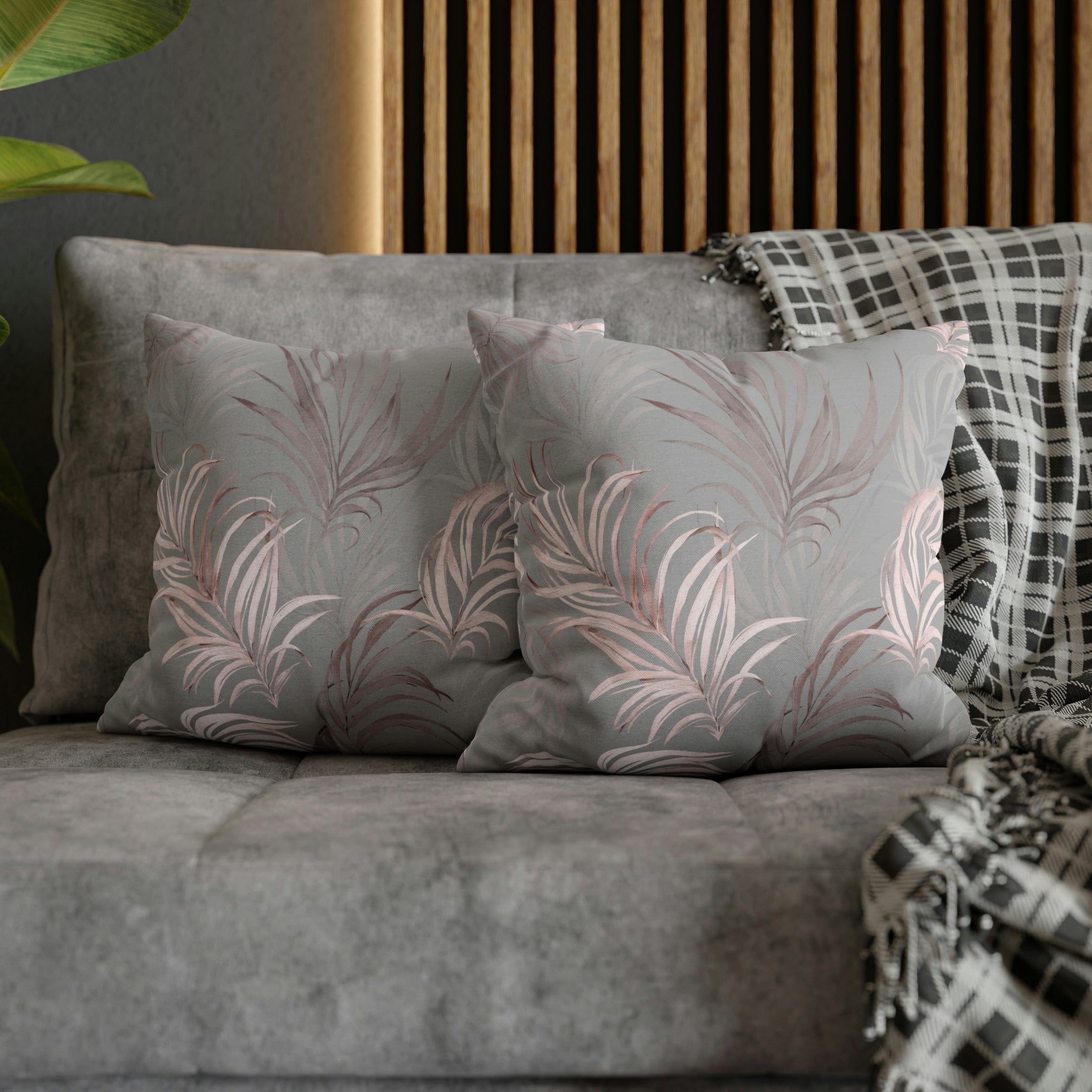 Floral Pillow Cover | Gray Blush Pink Wild Palm Leaves
