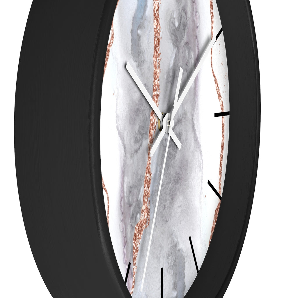 Marble Print, Wood, Wall Clock, Gray Gold 10"