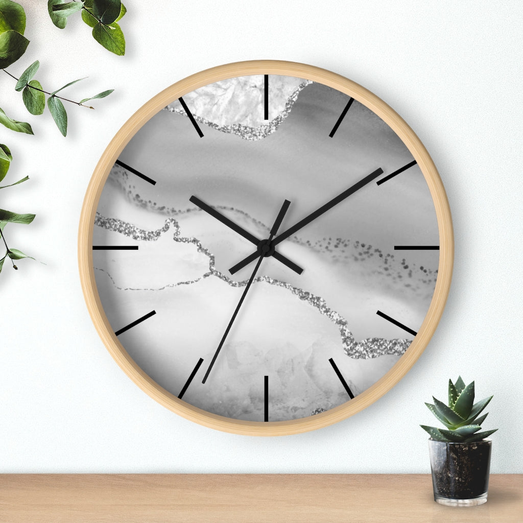 Marble Print, Wood, Wall Clock, Gray Silver 10"
