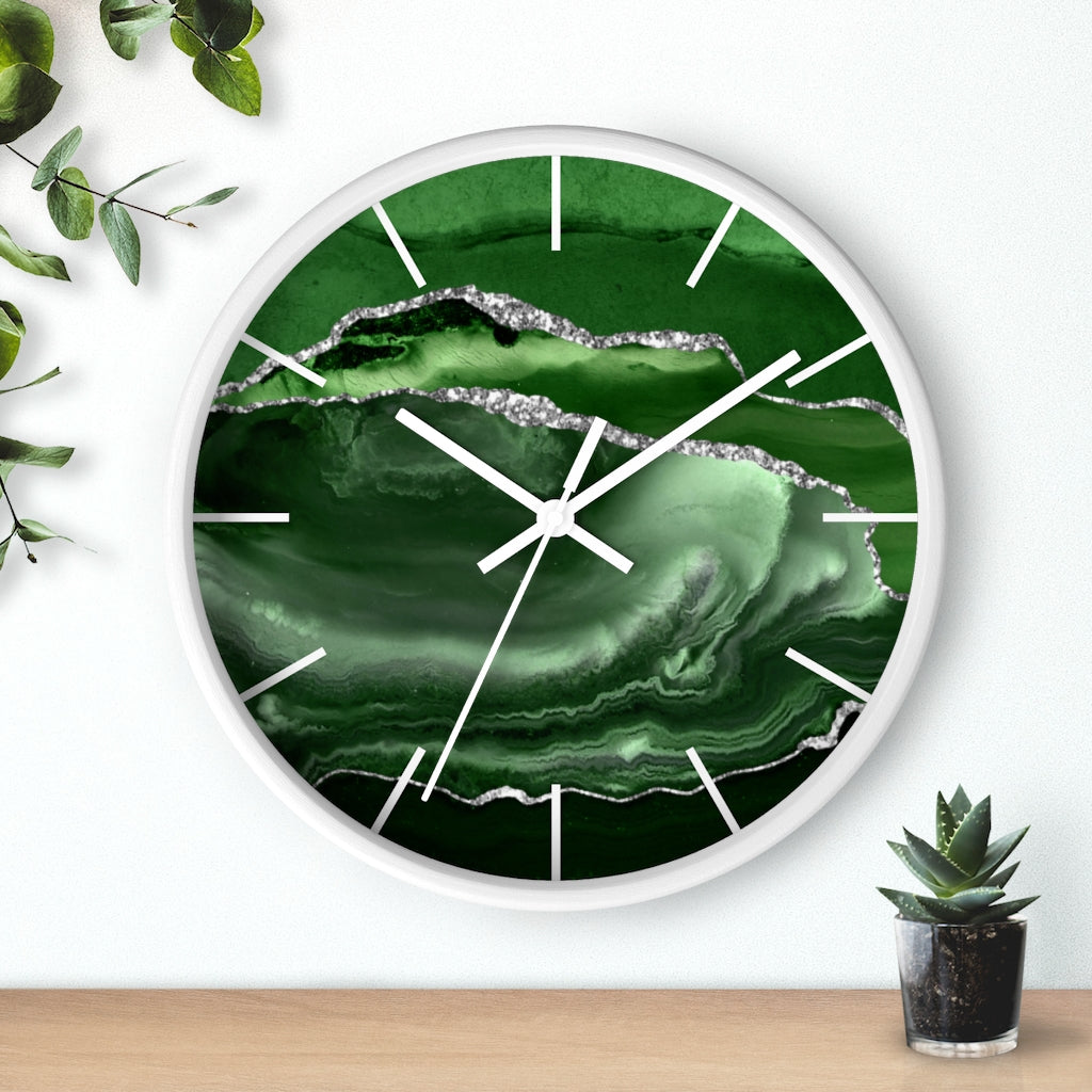 Marble Print, Wood, Wall Clock, Emerald Green 10"