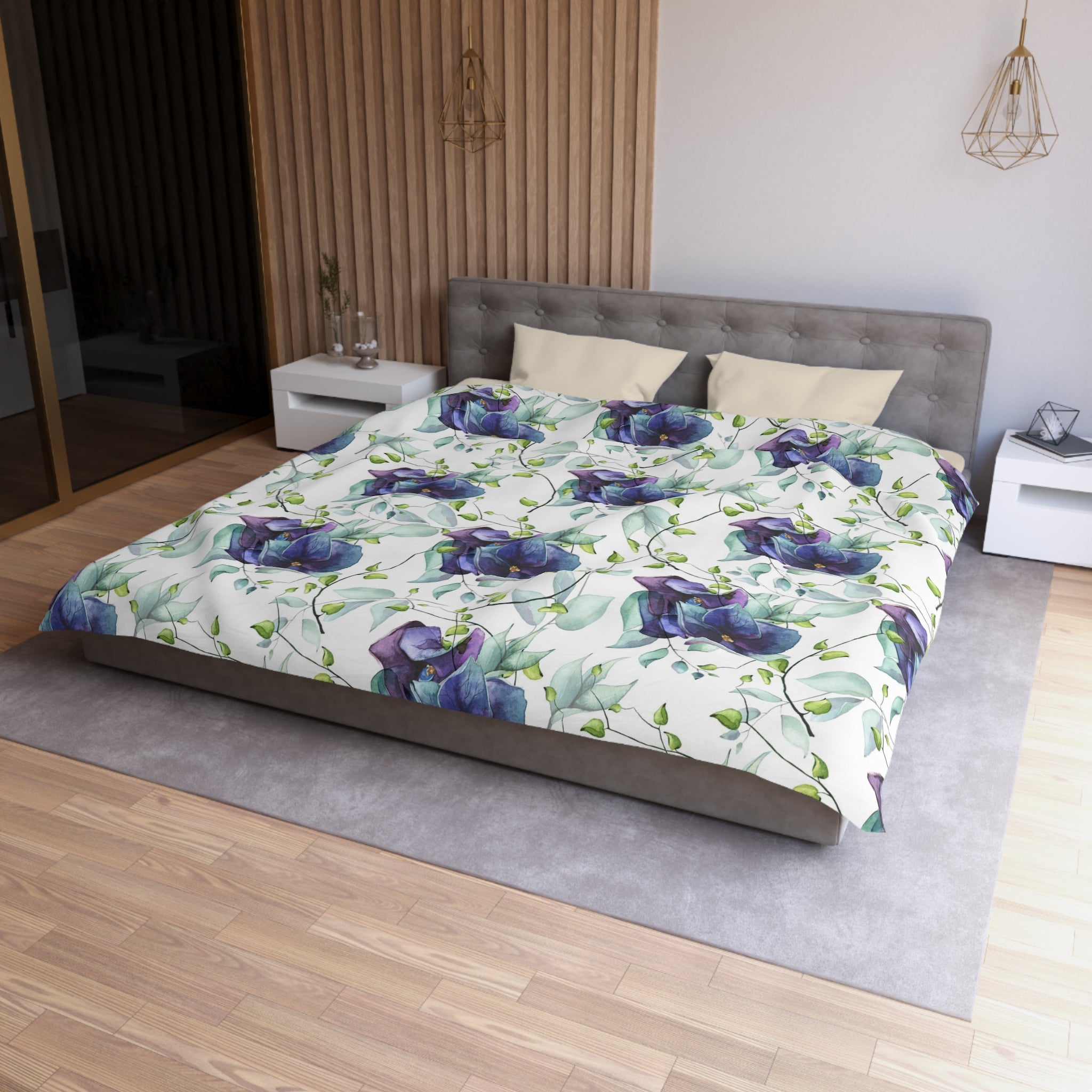 Floral Duvet Cover | White Purple Blue Jungle Flowers | Bedroom Decor