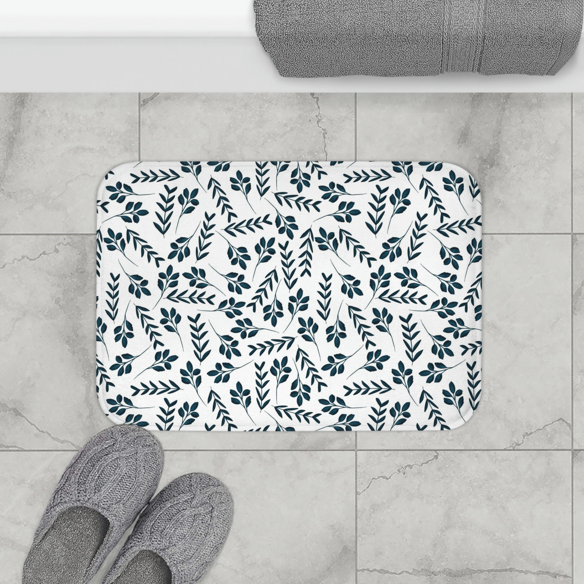 Boho Floral Bath, Kitchen Mat | Navy Blue, White Botanical