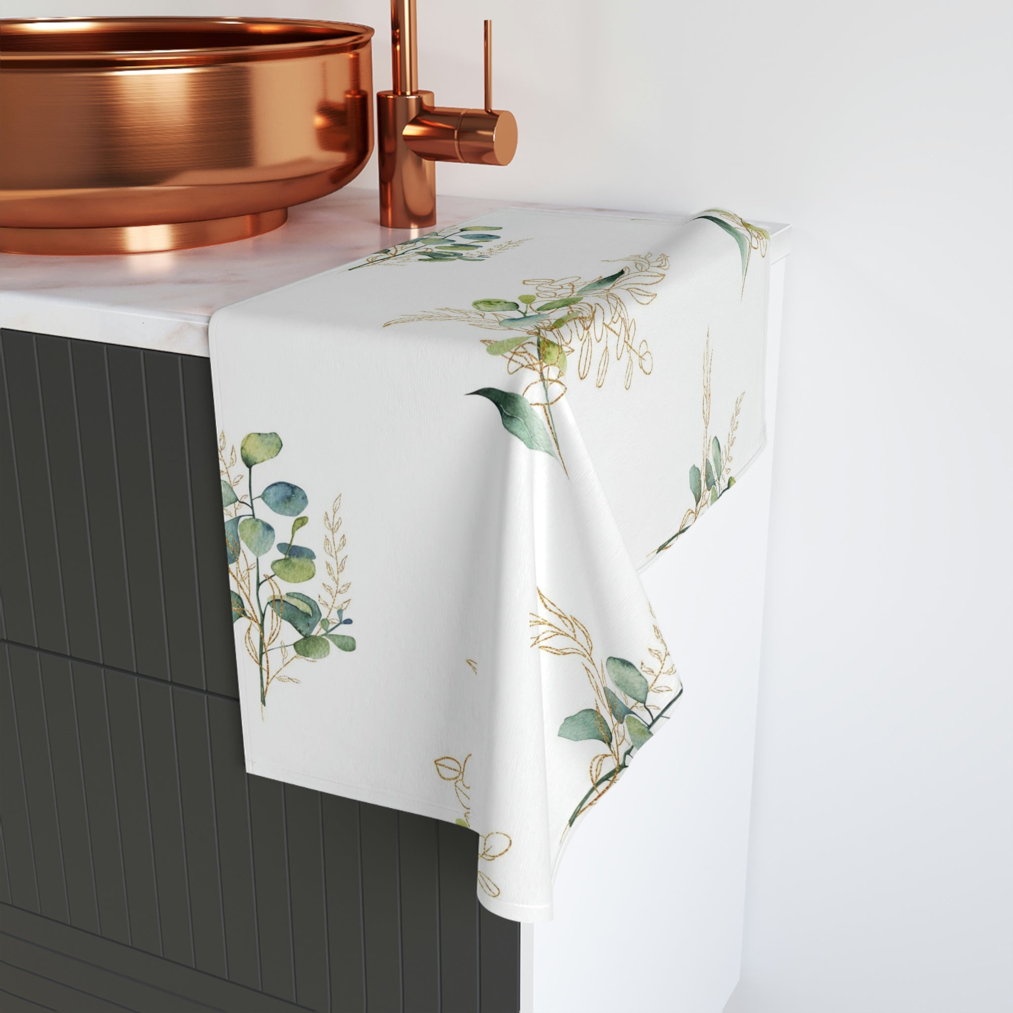 Kitchen, Bath Hand Towel | White Green Eucalyptus Floral