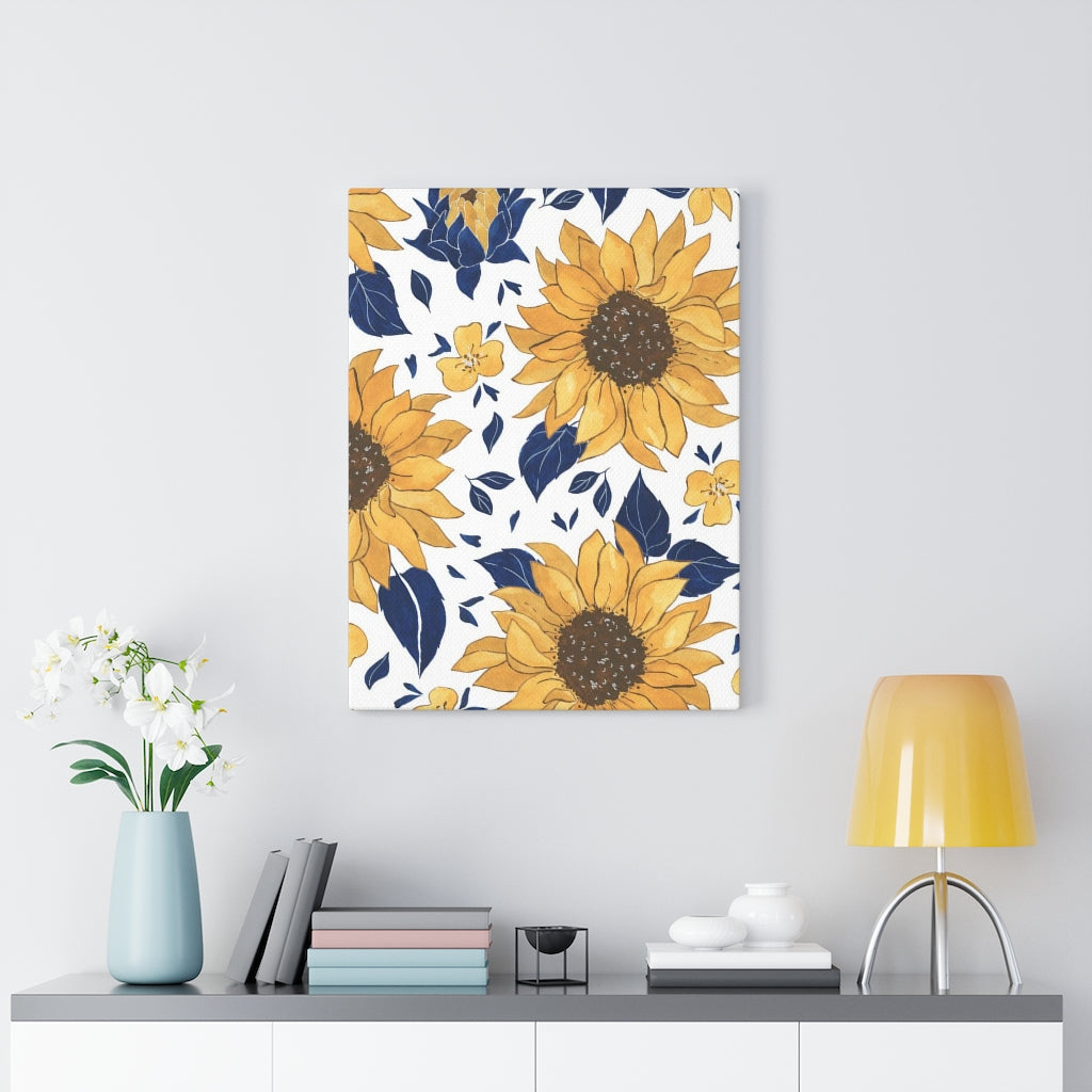 FLORAL WALL CANVAS ART | White Blue Yellow Sunflowers