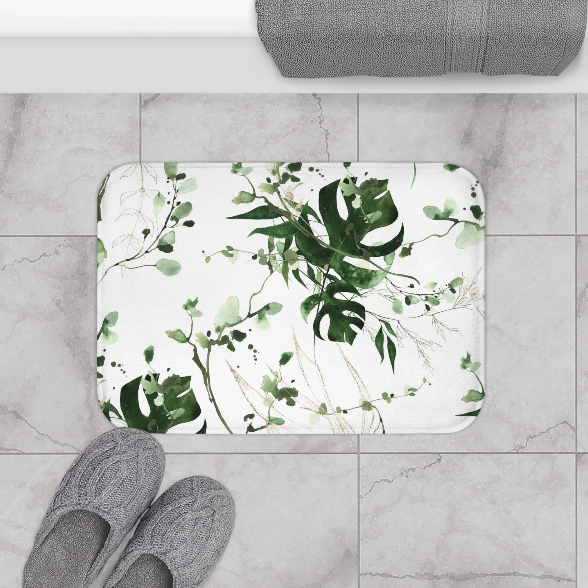 Floral Boho Bath, Kitchen Mat, Rug | White Green Monstera Jungle Leaves