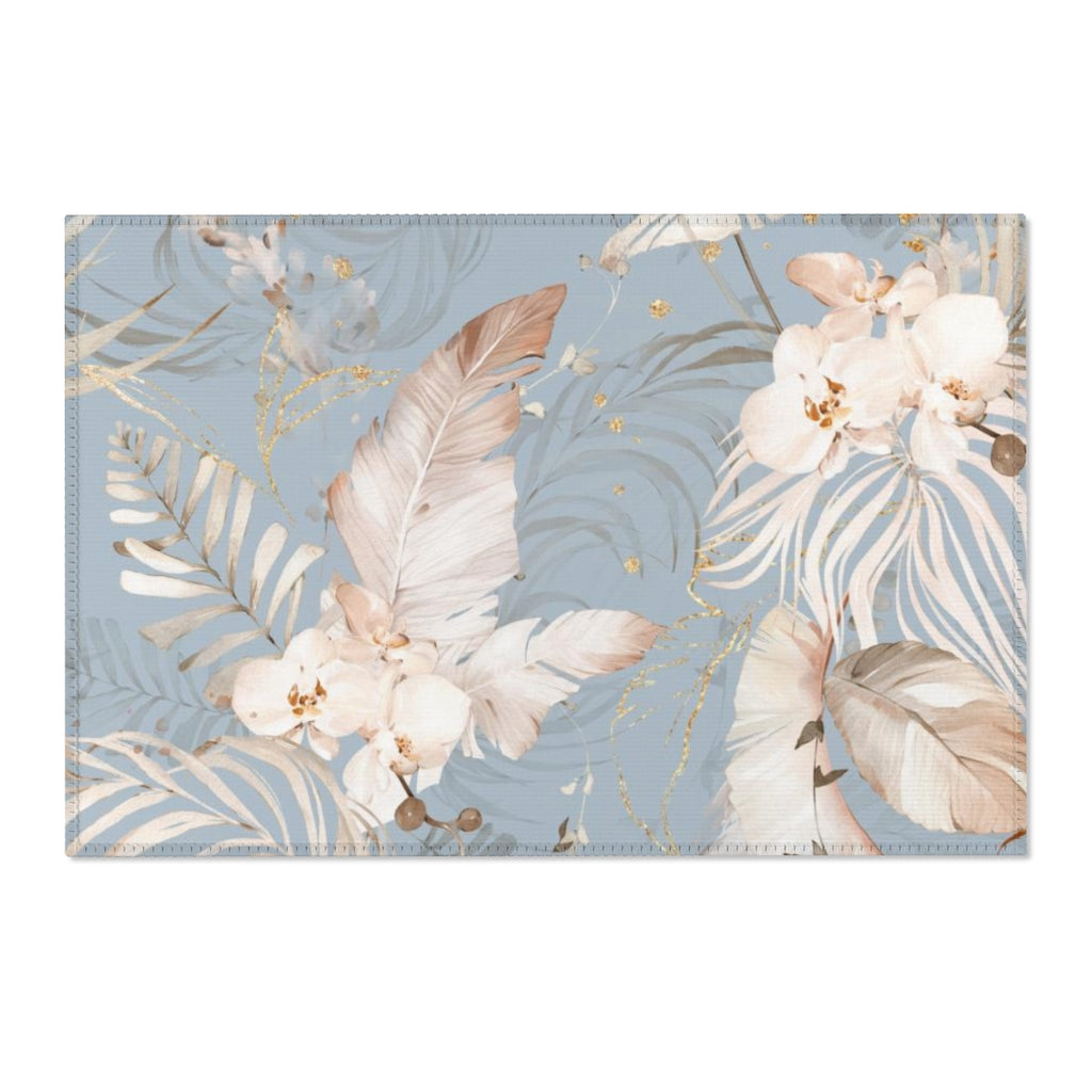 Floral Boho Area Rug | Blue Beige Orchids