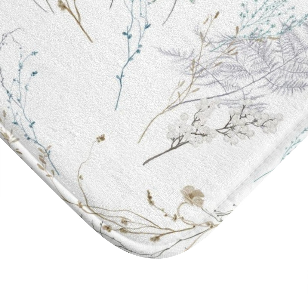 Cute Boho Bath Mat | White Lavender Green Floral | Wild Flowers