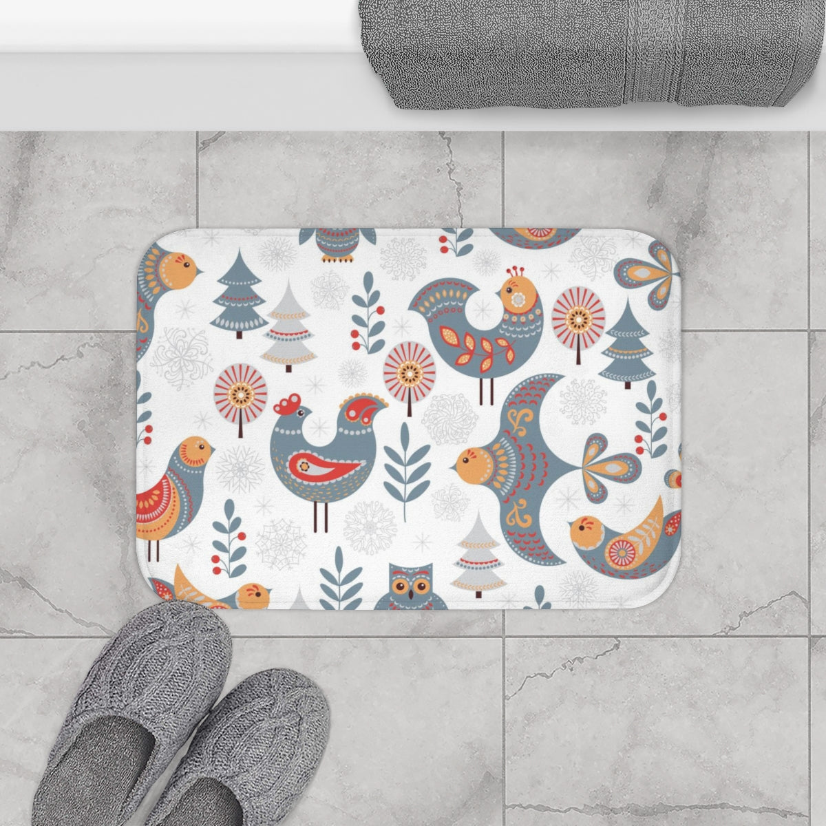 Christmas Bath Mat | White Gray Red Nordic Folk Birds