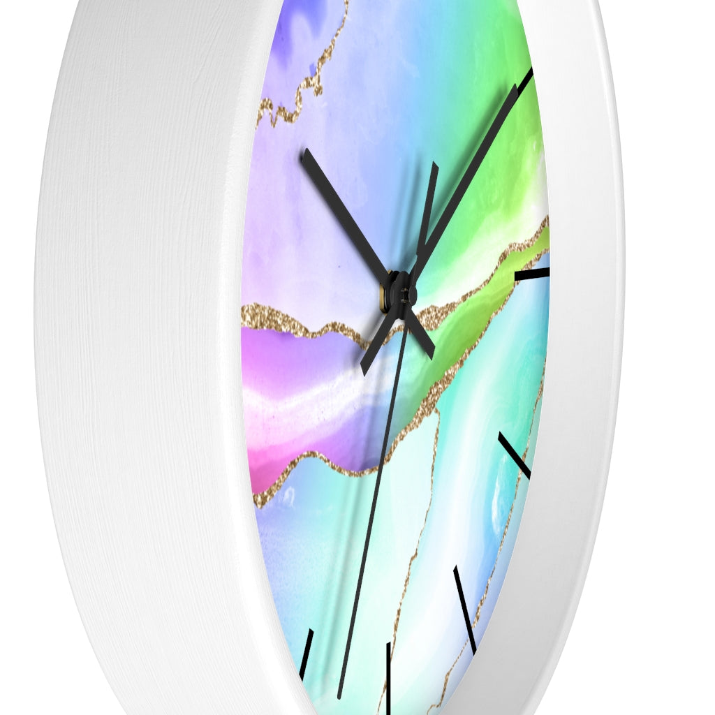 Marble Print, Wood, Wall Clock, Rainbow Colors 10"