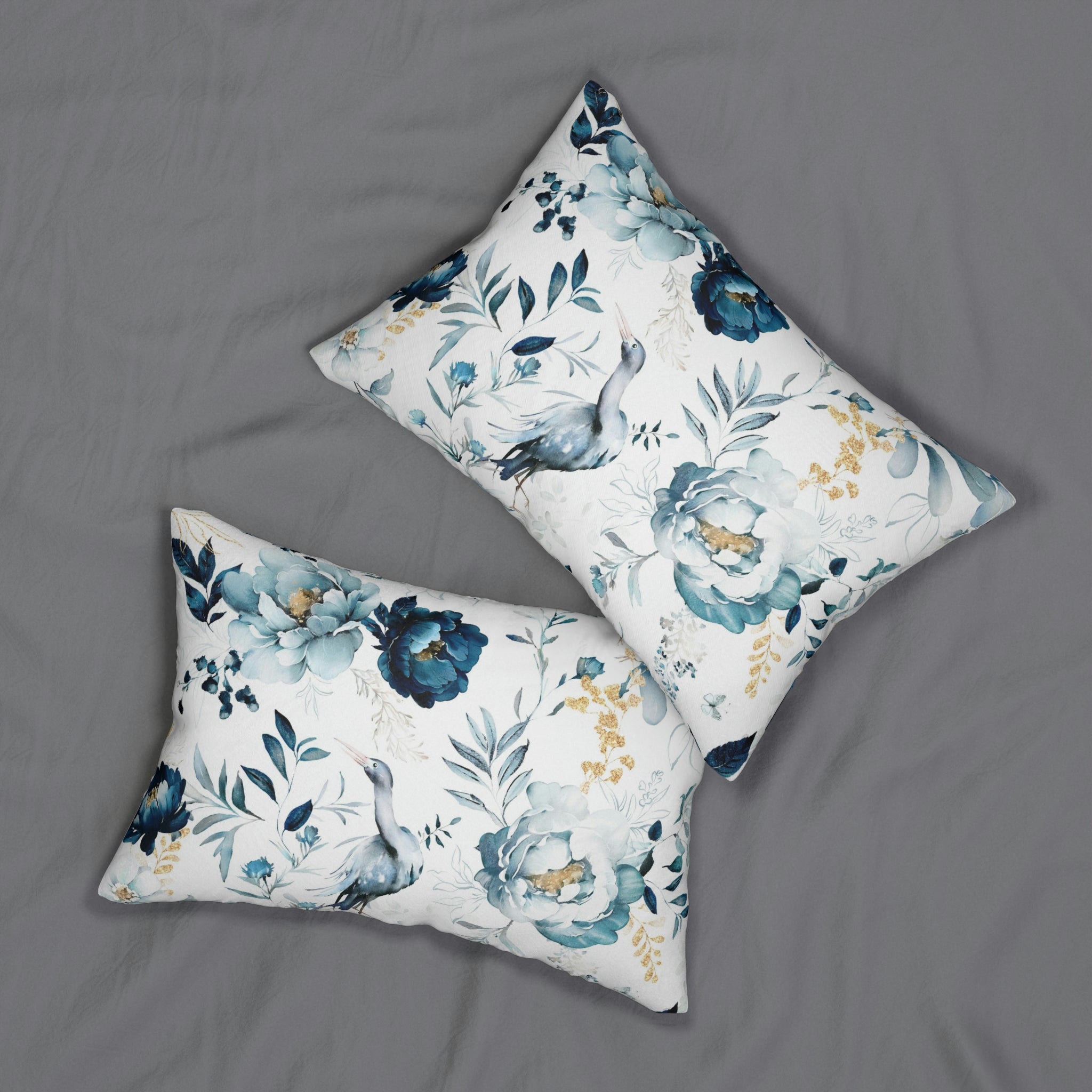 Floral Lumbar Pillow | Blue White, Bird