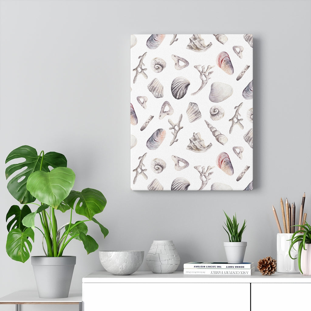 WHIMSICAL CANVAS ART | White Blue Pink Seashells