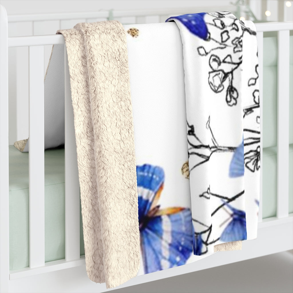Floral Comfy Blanket | White Blue Butterflies