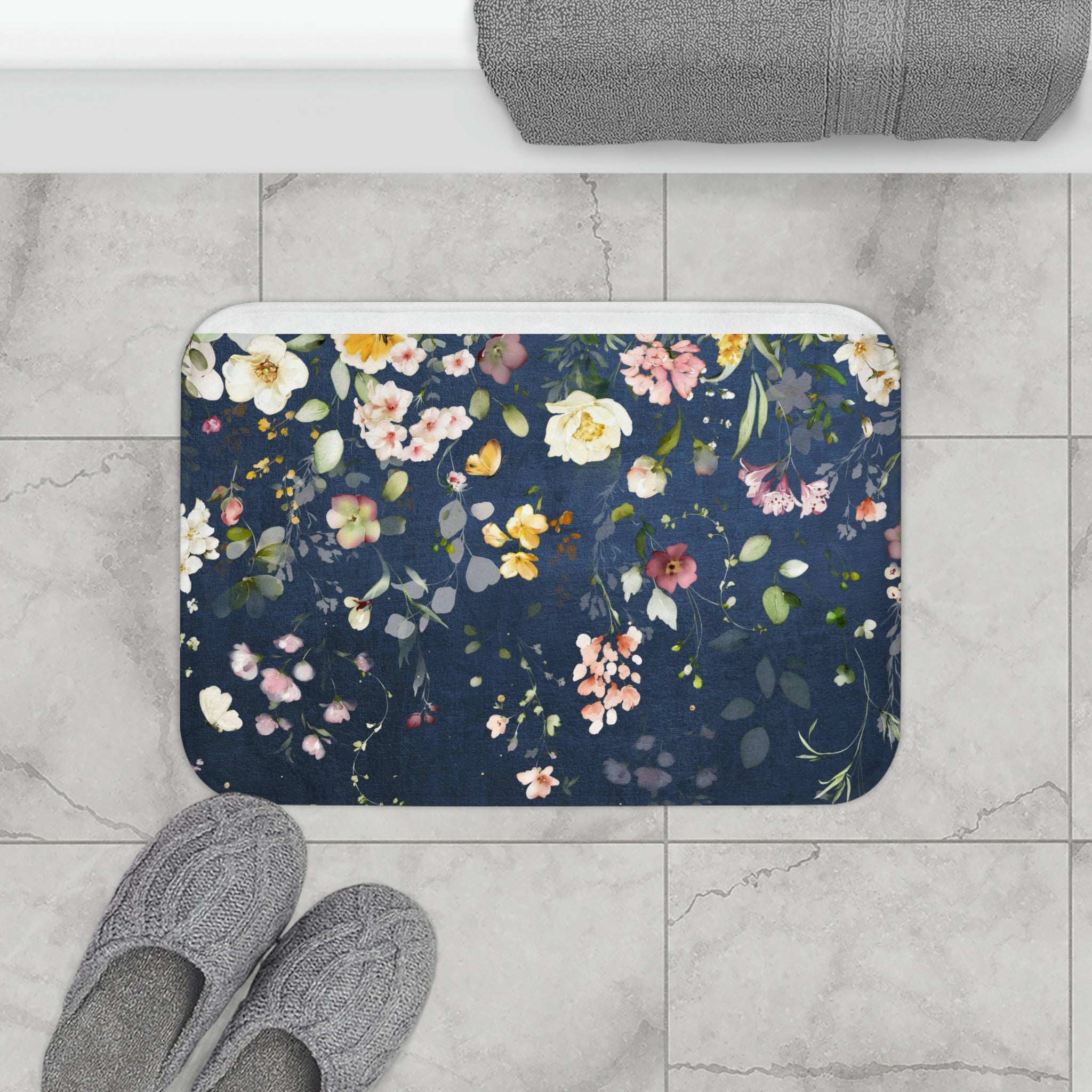 Boho Bath, Kitchen Mat | Navy Blue Wild Floral