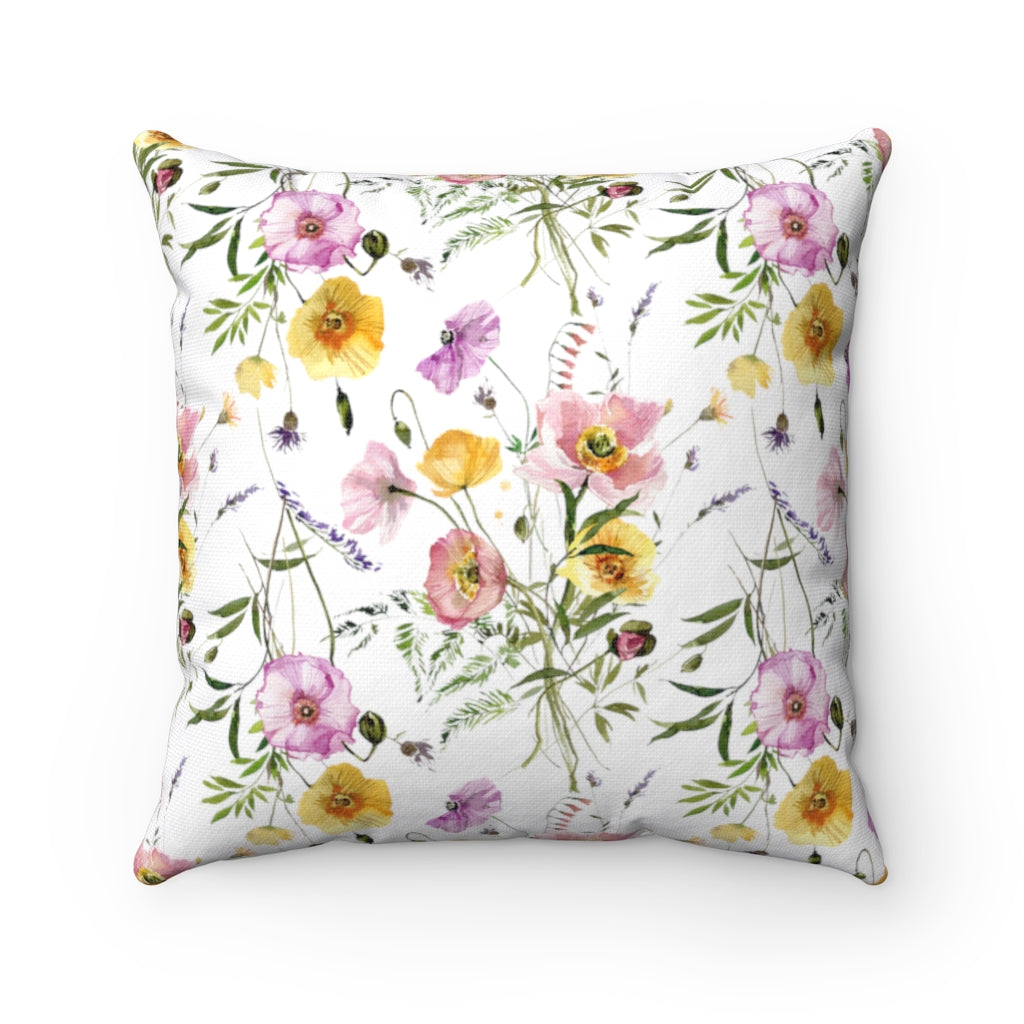 Floral Boho Pillow Cover | Colorful Poppies Pink Yellow Green White