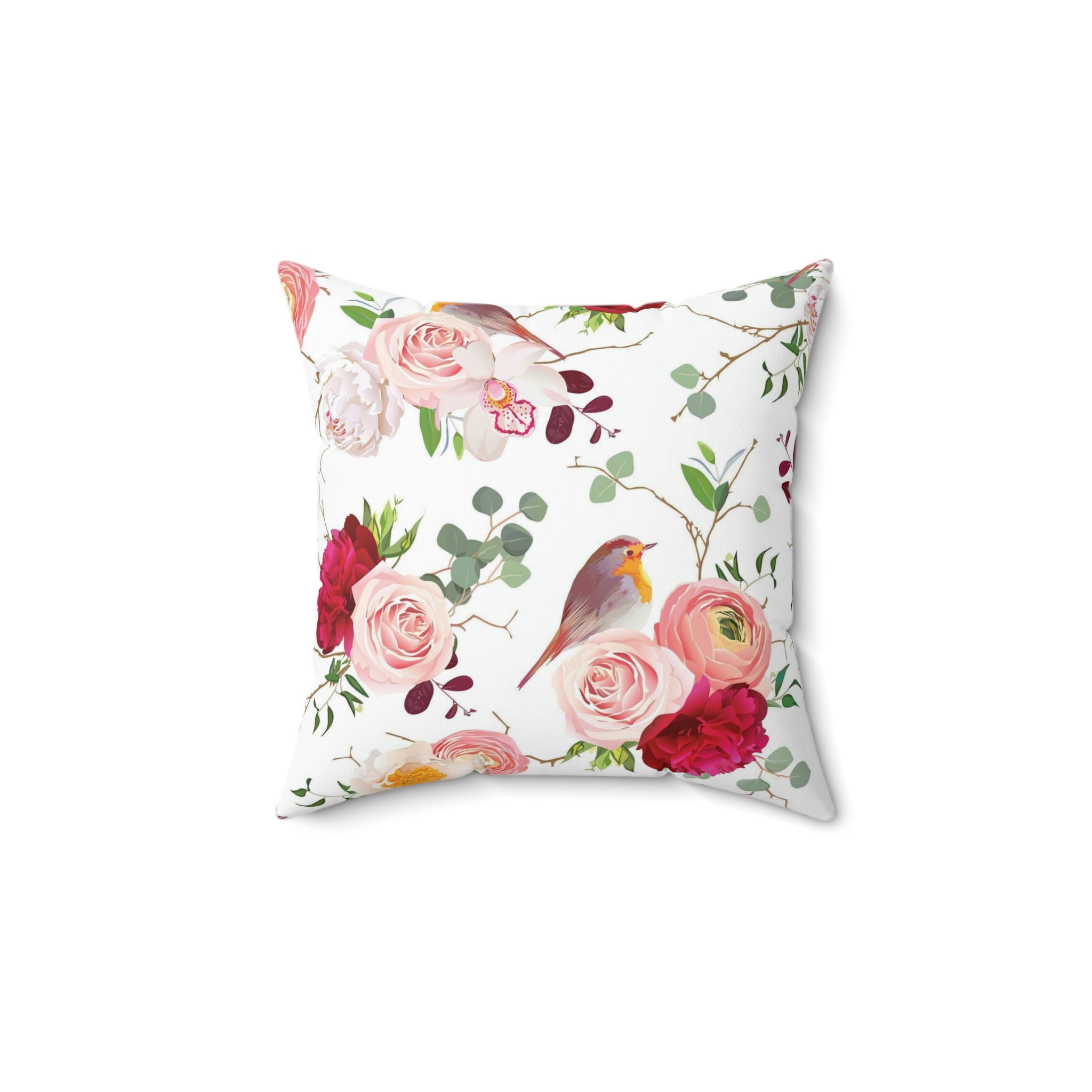 Floral Birds Pillow Cover | White Red Pink