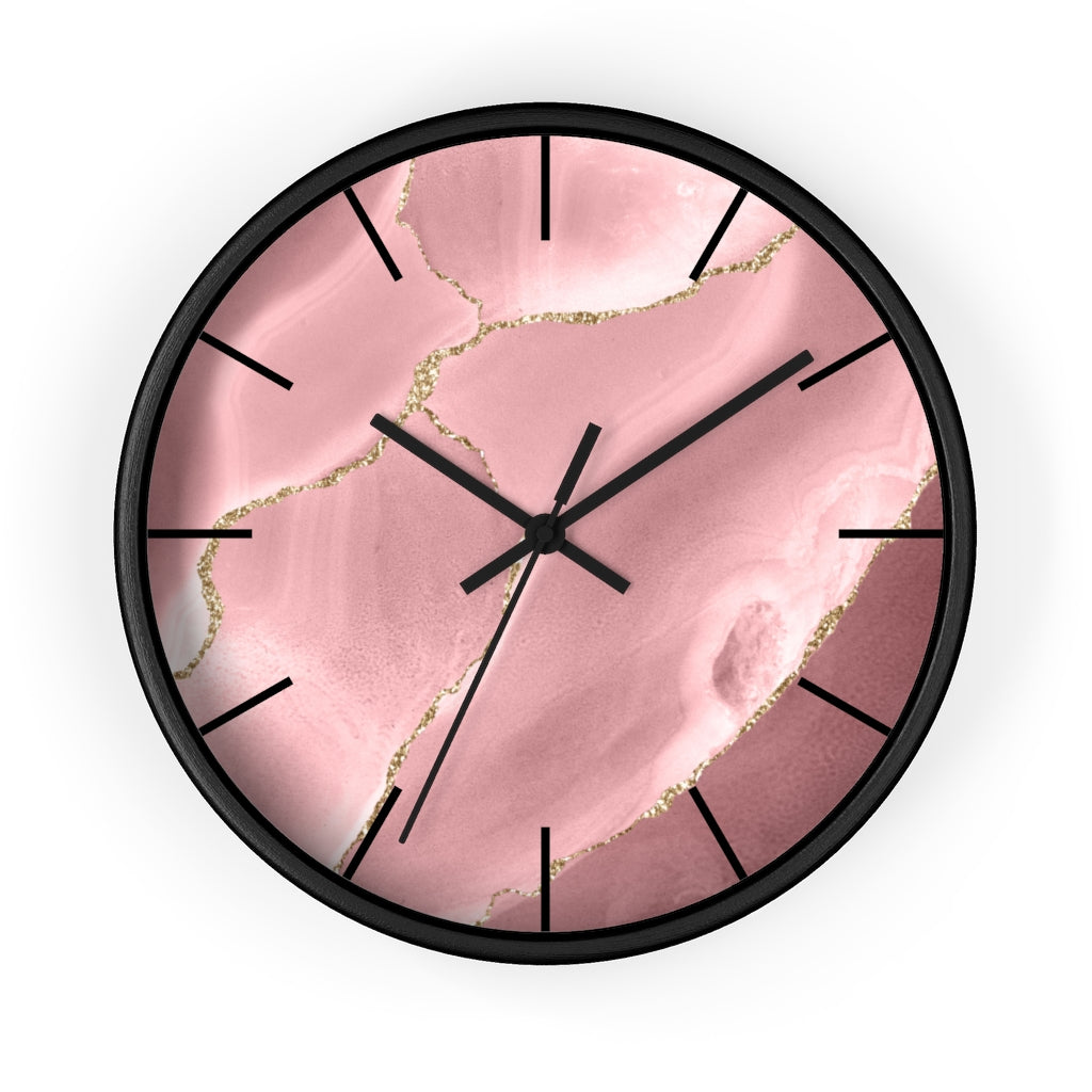 Marble Print, Wood, Wall Clock, Pink Gold 10"